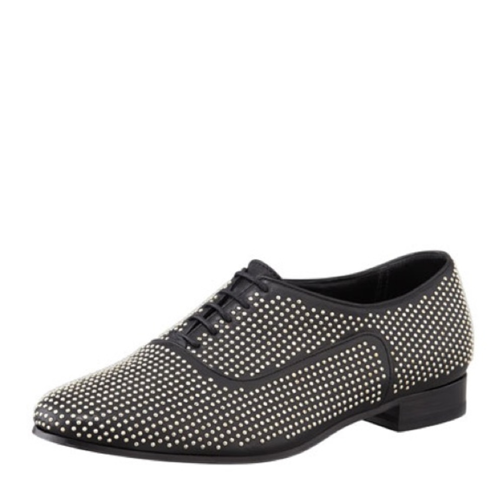 Saint Laurent Blake Studded Black Leather Oxford Lace Up Flats - 39